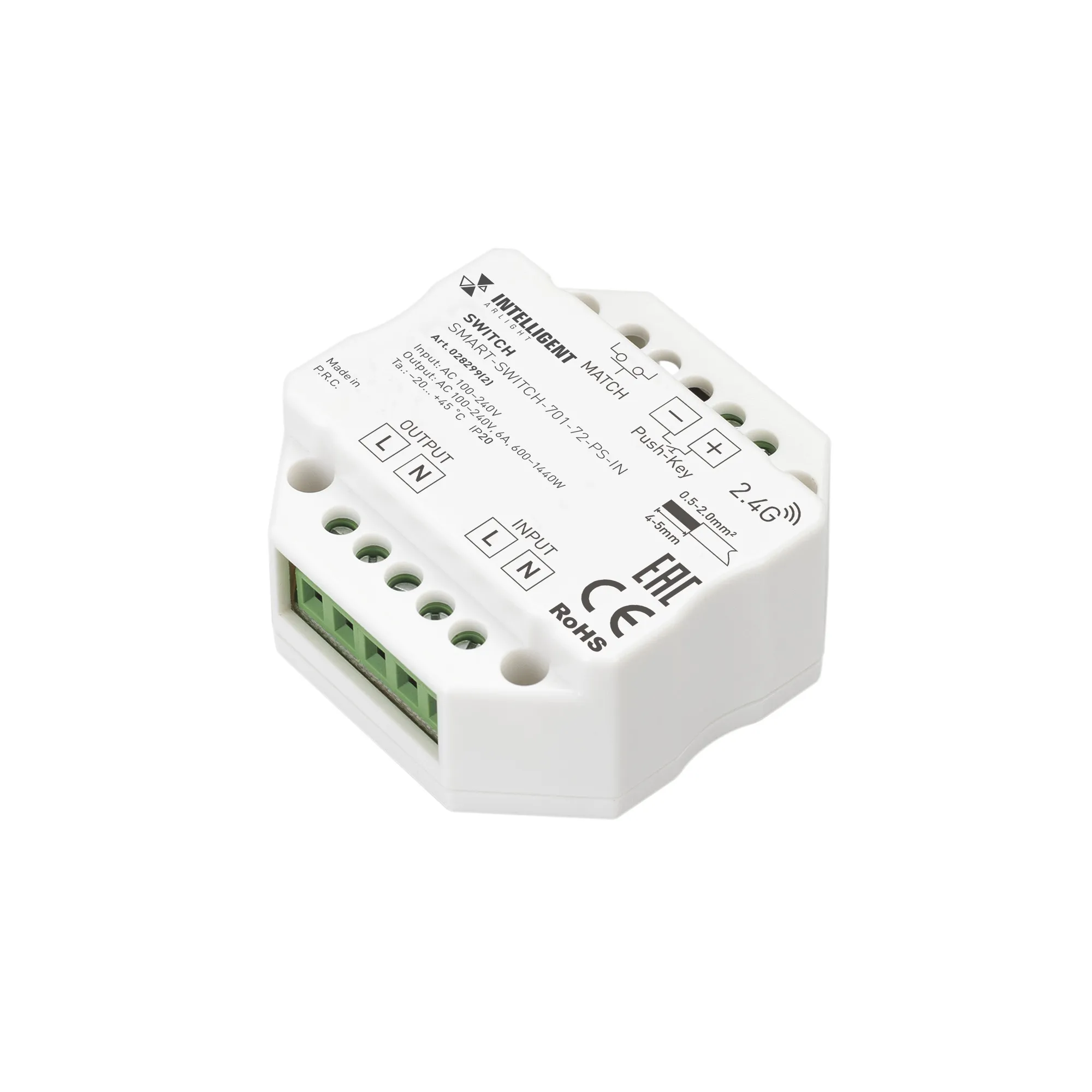 INTELLIGENT ARLIGHT Релейный модуль SMART-SWITCH-701-72-PS-IN  (230V, 1x6A, 2.4G) (IARL, IP20 Пластик, 5 лет)